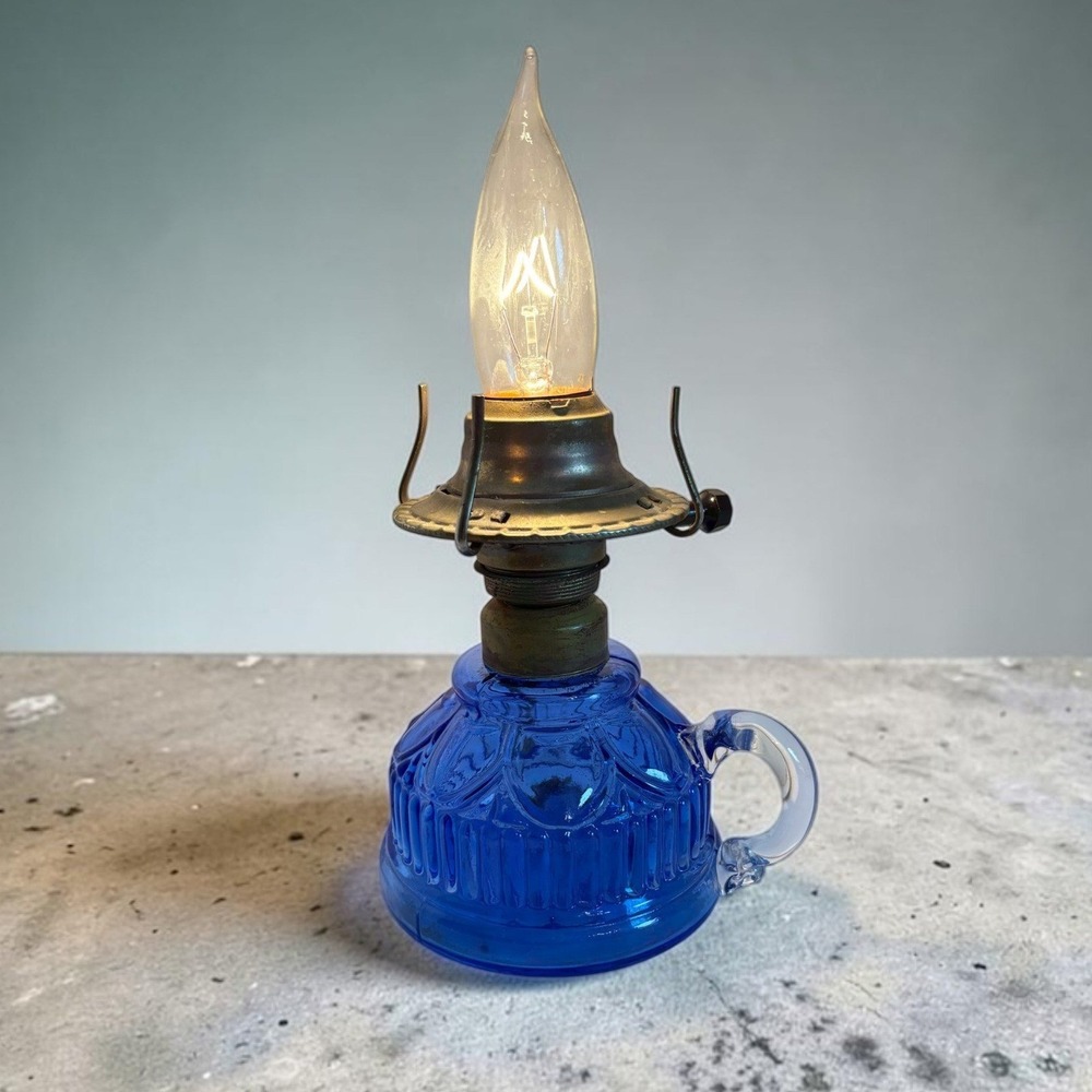 Vintage Cobalt Blue Pressed Glass Electric Finger Lamp with Flame Bulb Brass 9"